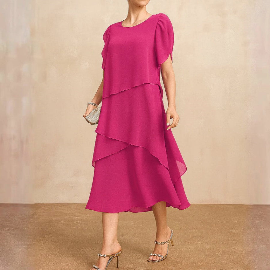 Danielle | Tiered Chiffon Womens Pleated Midi Dress with Flutter Sleeves