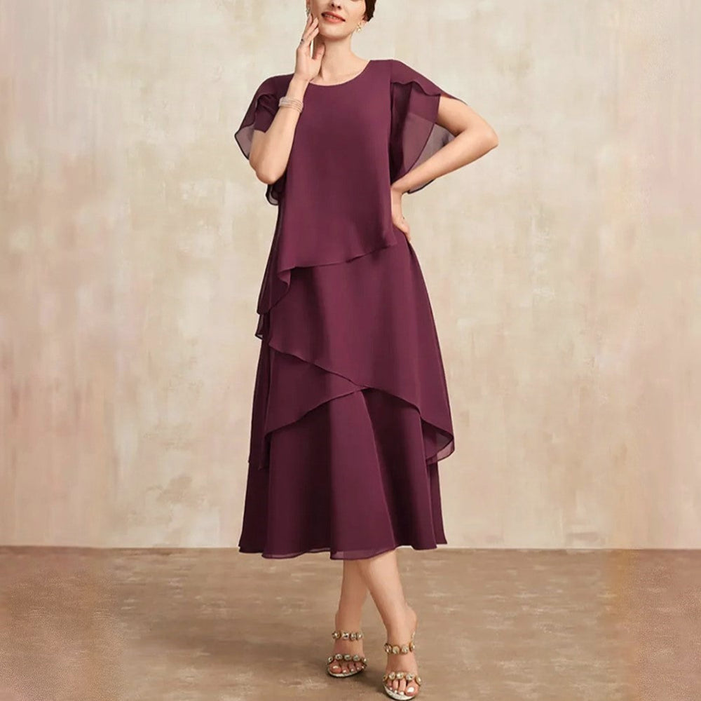Danielle | Tiered Chiffon Womens Pleated Midi Dress with Flutter Sleeves