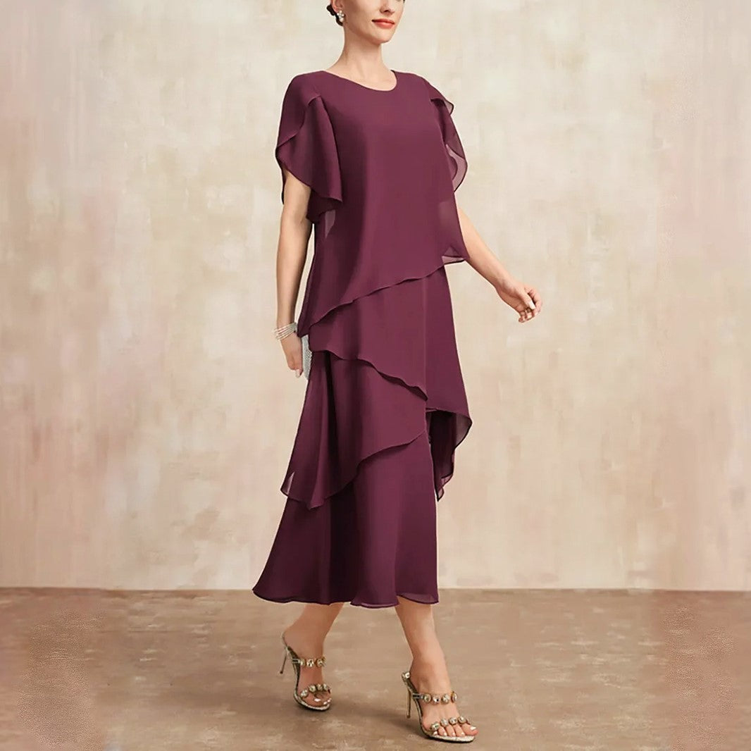 Danielle | Tiered Chiffon Womens Pleated Midi Dress with Flutter Sleeves