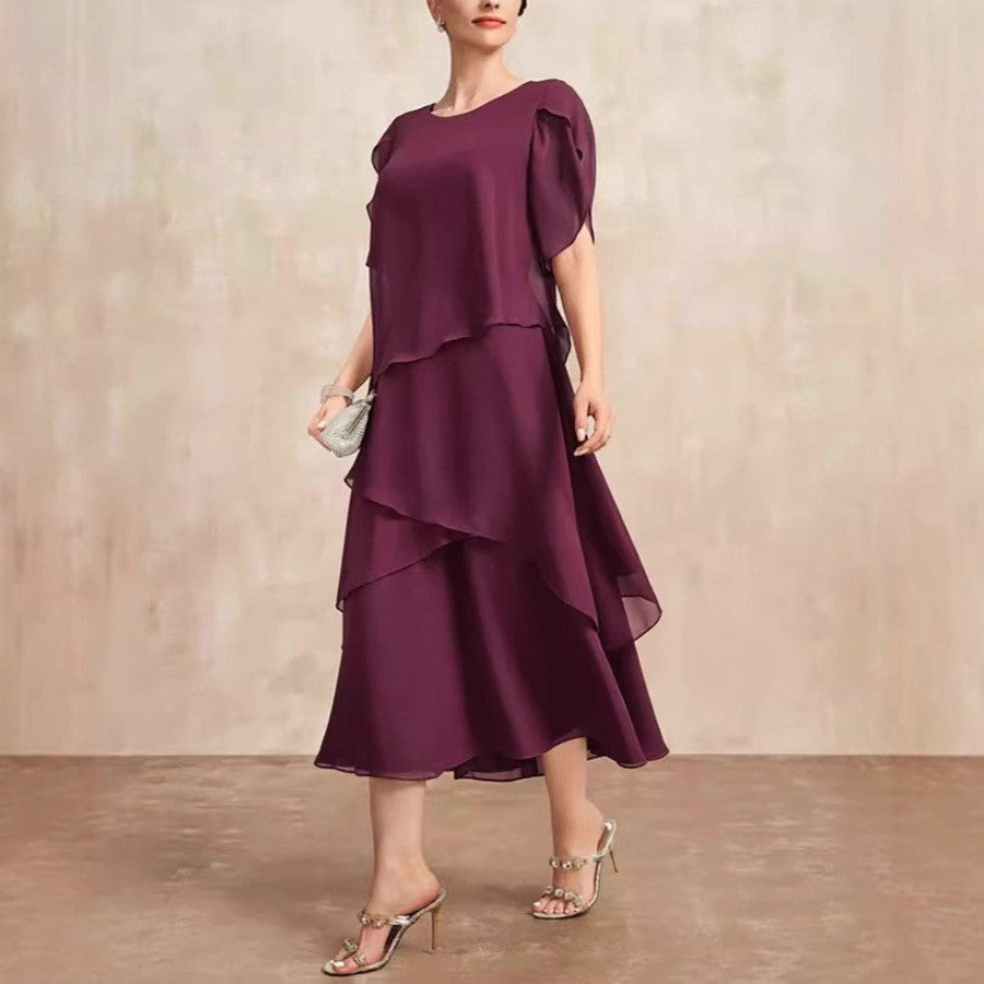 Danielle | Tiered Chiffon Womens Pleated Midi Dress with Flutter Sleeves
