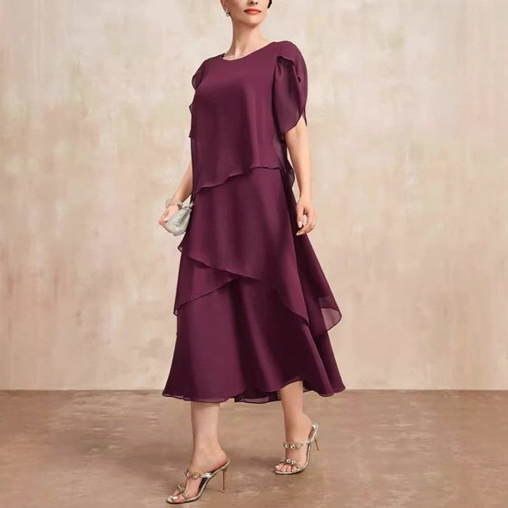 Danielle | Tiered Chiffon Womens Pleated Midi Dress with Flutter Sleeves