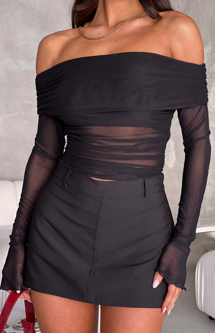 Roxanne | Mesh Off The Shoulder Dress Ruched Long Sleeve Mini