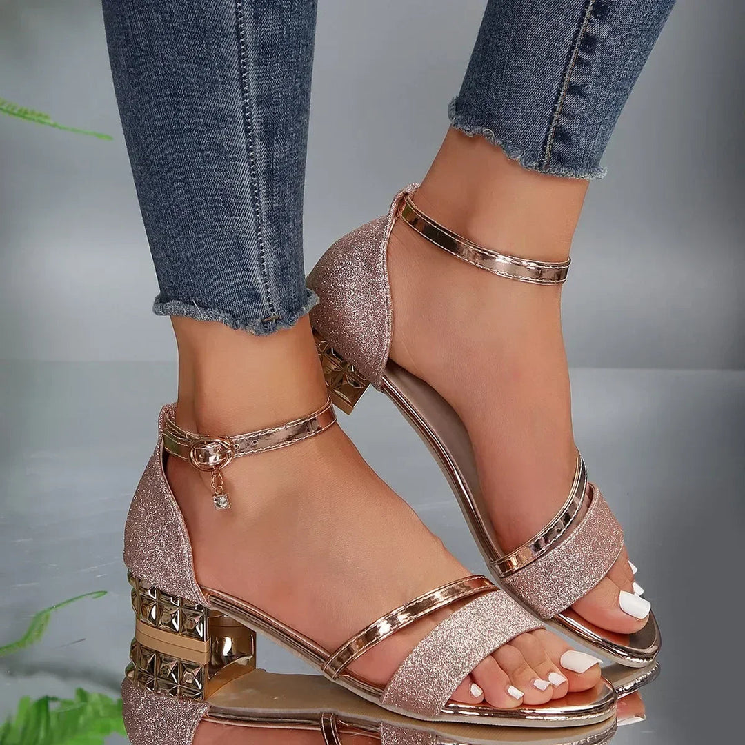 Luxe | Glitter Ankle Strap Block Heel Sandals with Gold Trim