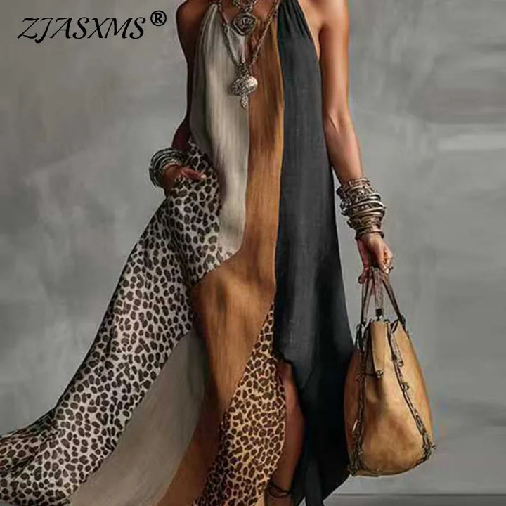 Savanna | Leopard Colour Block Halter Neck Maxi Dress