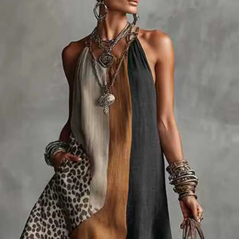 Savanna | Leopard Colour Block Halter Neck Maxi Dress