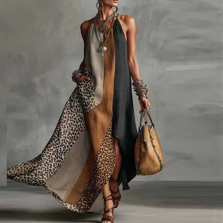 Savanna | Leopard Colour Block Halter Neck Maxi Dress
