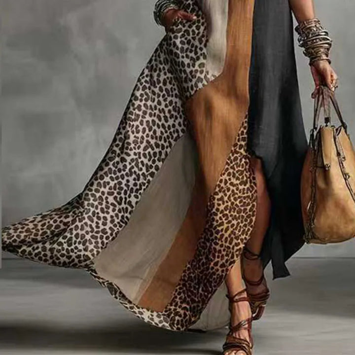 Savanna | Leopard Colour Block Halter Neck Maxi Dress