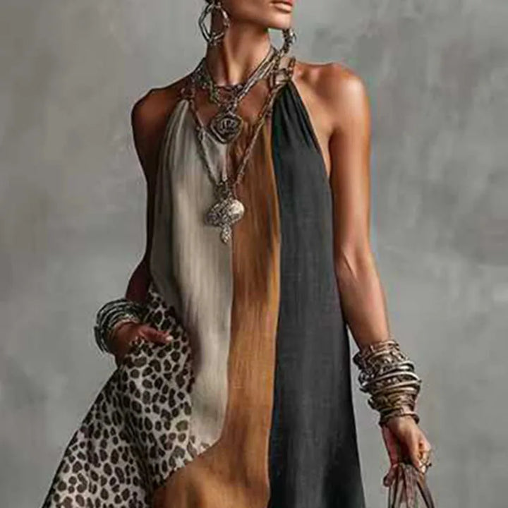 Savanna | Leopard Colour Block Halter Neck Maxi Dress