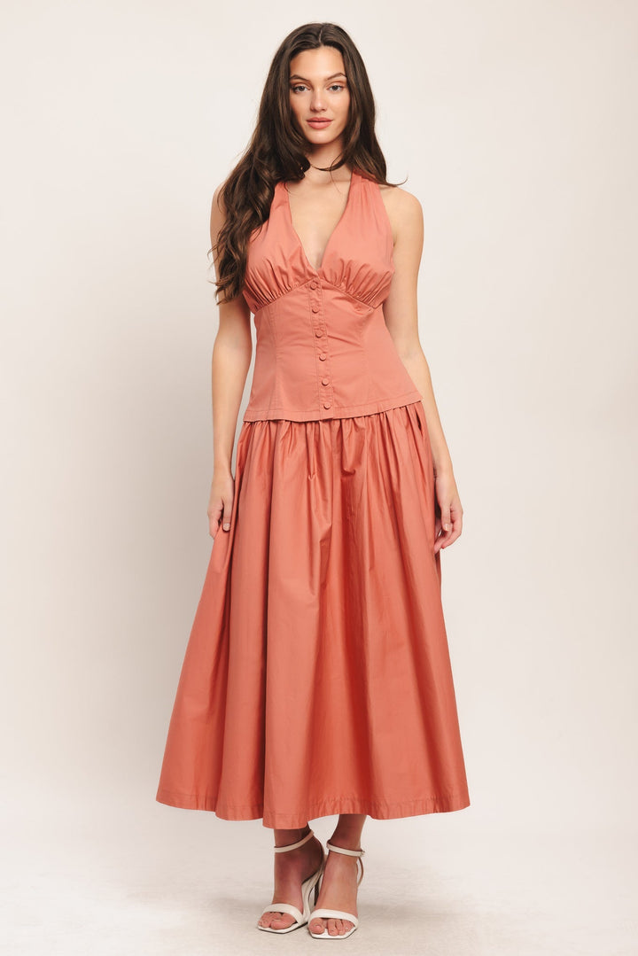 Petra | Button Front Gathered Skirt Halter Neck Maxi Dress