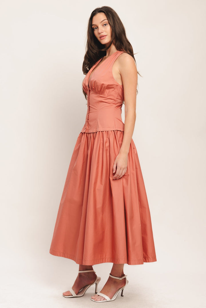 Petra | Button Front Gathered Skirt Halter Neck Maxi Dress