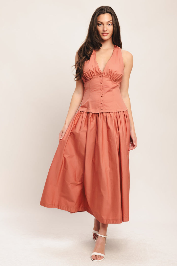 Petra | Button Front Gathered Skirt Halter Neck Maxi Dress