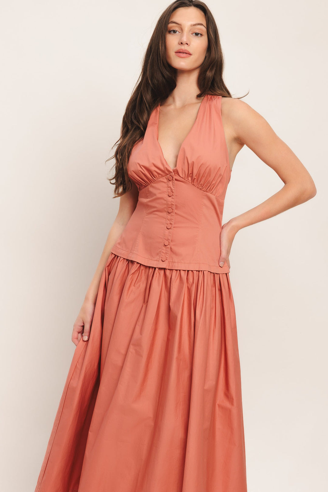 Petra | Button Front Gathered Skirt Halter Neck Maxi Dress