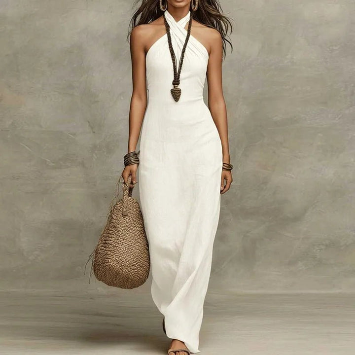 Ibiza | Cross Front Linen Backless Halter Neck Maxi Dress