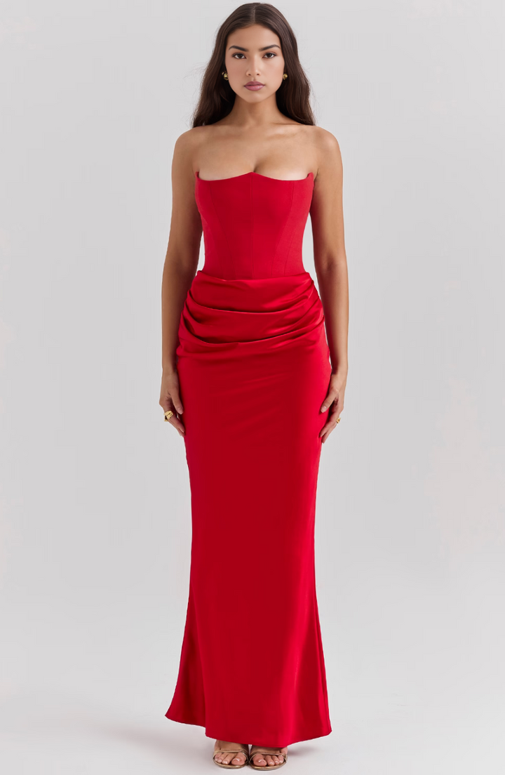 Emelia | Strapless Underwire Corset Draped Satin Maxi Fall Wedding Guest Dress