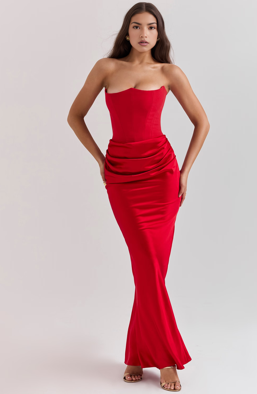 Emelia | Strapless Underwire Corset Draped Satin Maxi Fall Wedding Guest Dress