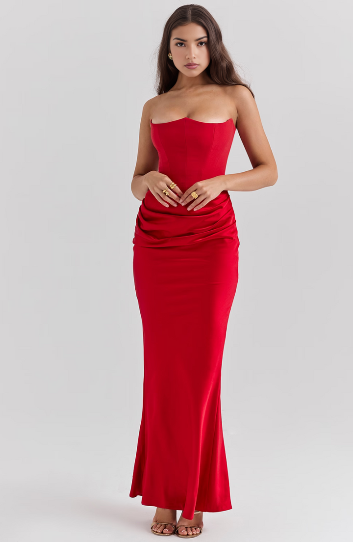 Emelia | Strapless Underwire Corset Draped Satin Maxi Fall Wedding Guest Dress