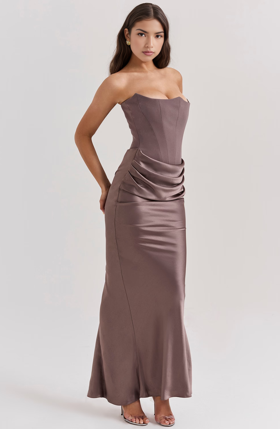 Emelia | Strapless Underwire Corset Draped Satin Maxi Fall Wedding Guest Dress