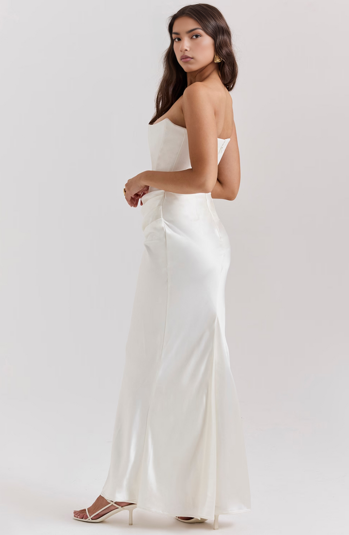Emelia | Strapless Underwire Corset Draped Satin Maxi Fall Wedding Guest Dress