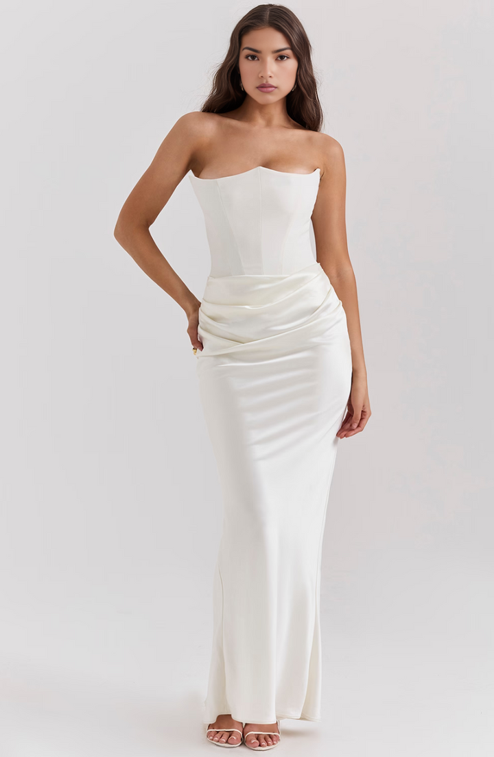 Emelia | Strapless Underwire Corset Draped Satin Maxi Fall Wedding Guest Dress