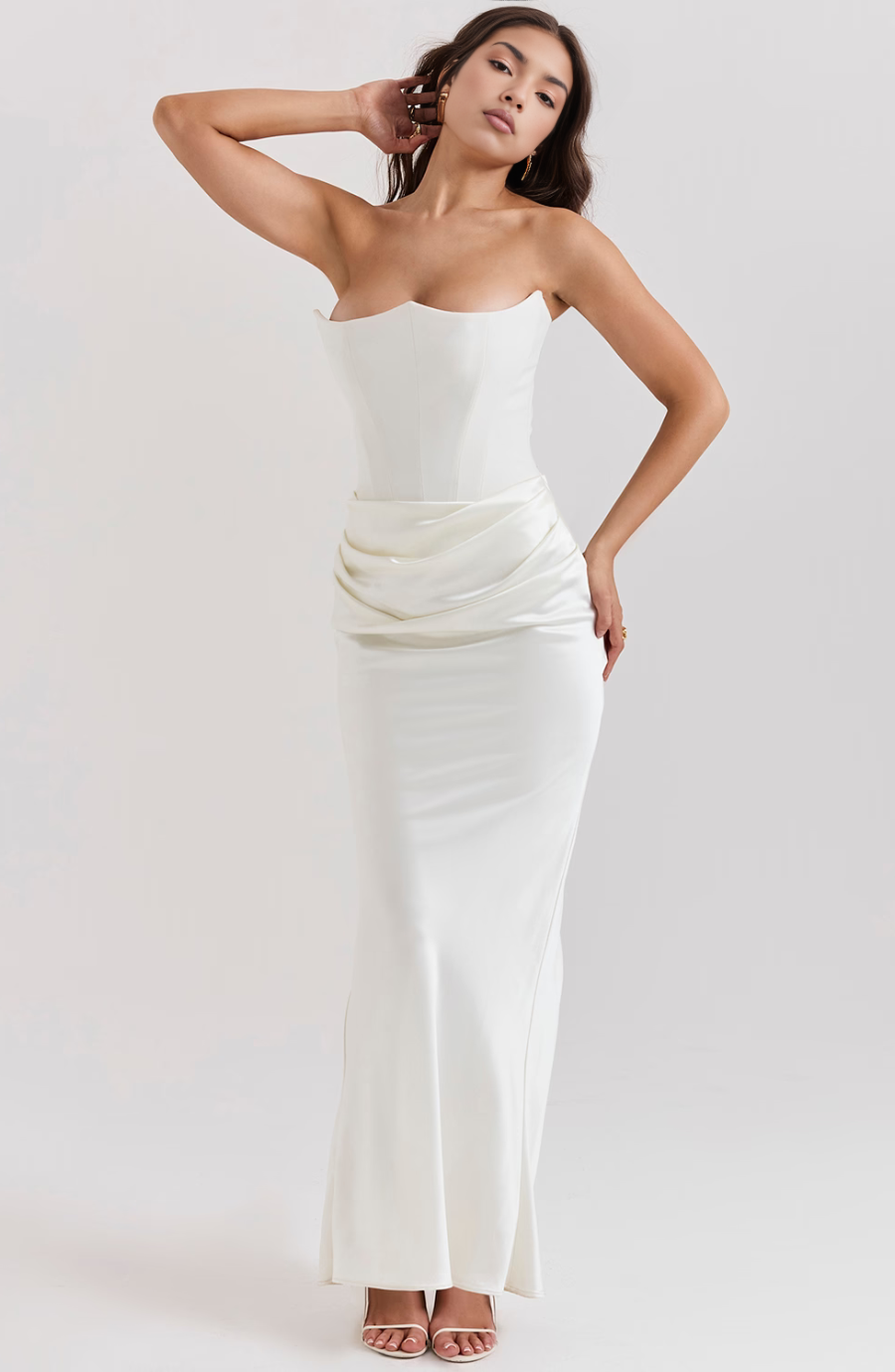 Emelia | Strapless Underwire Corset Draped Satin Maxi Fall Wedding Guest Dress
