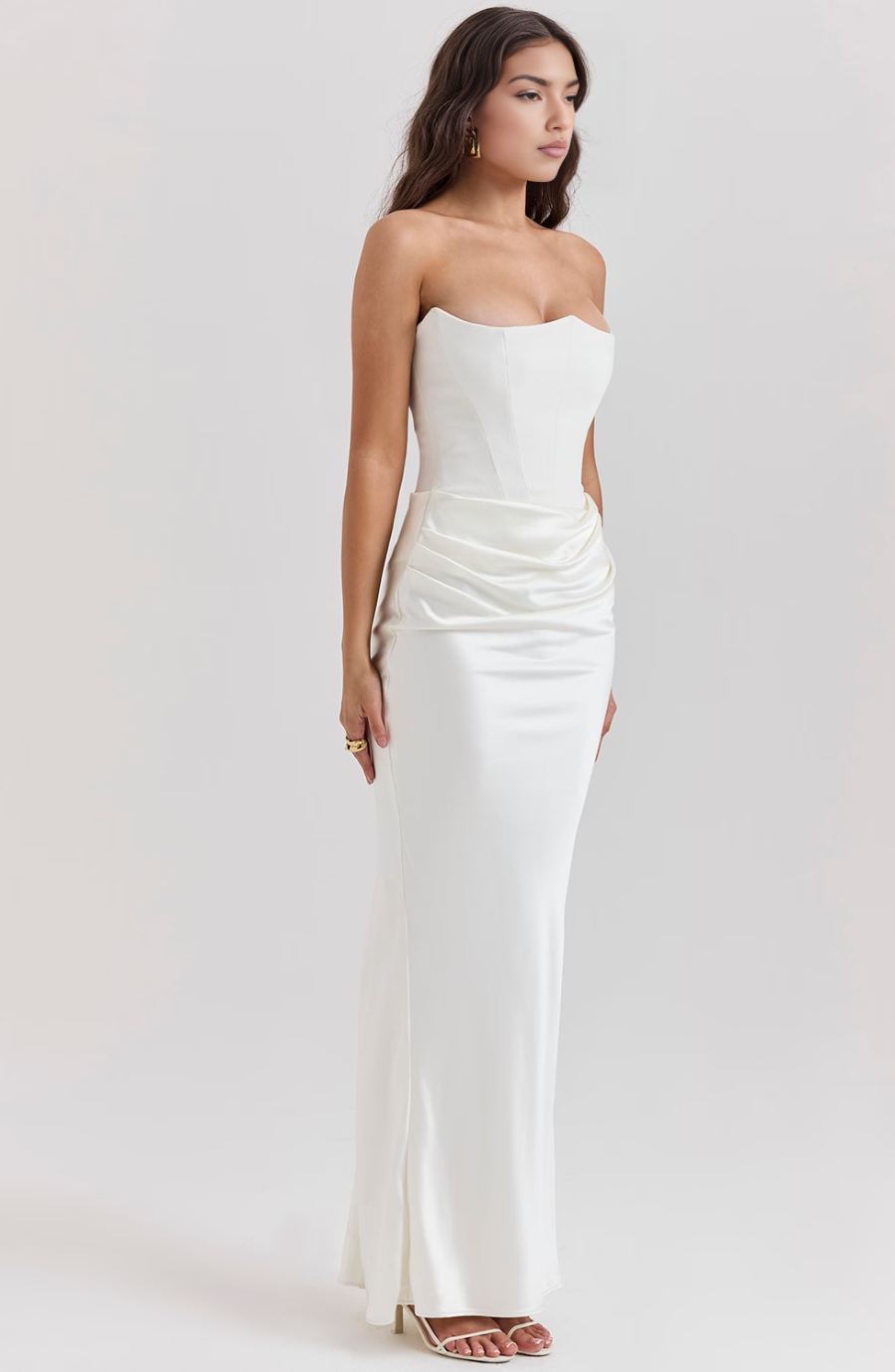 Emelia | Strapless Underwire Corset Draped Satin Maxi Fall Wedding Guest Dress
