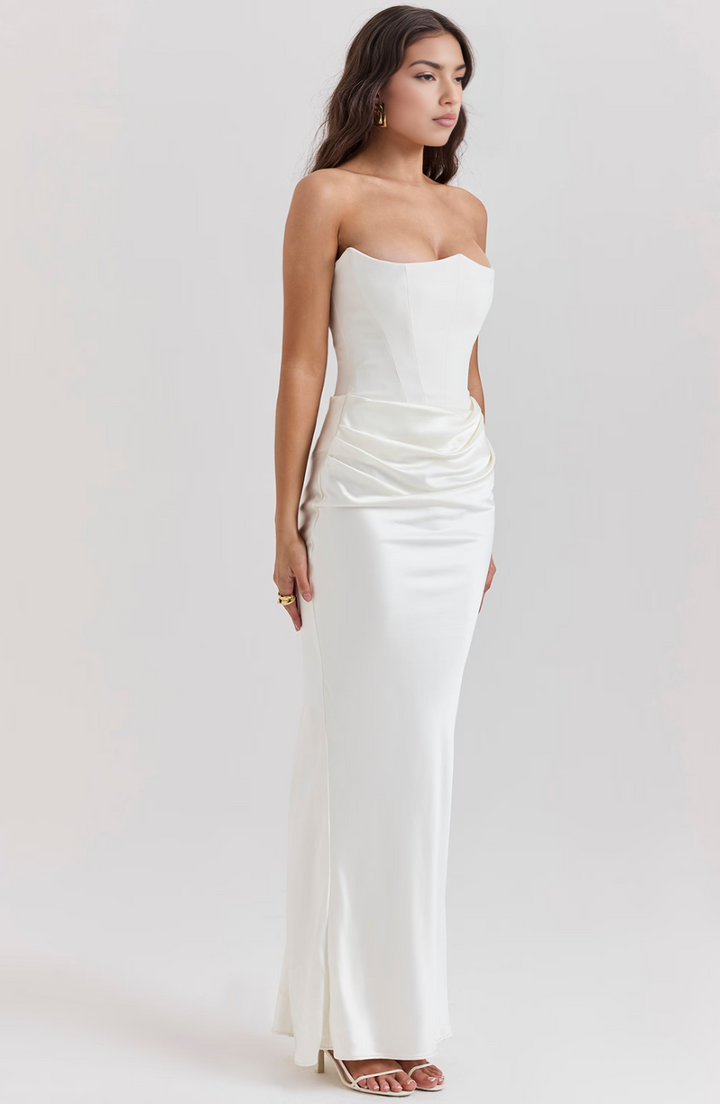 Emelia | Strapless Underwire Corset Draped Satin Maxi Fall Wedding Guest Dress