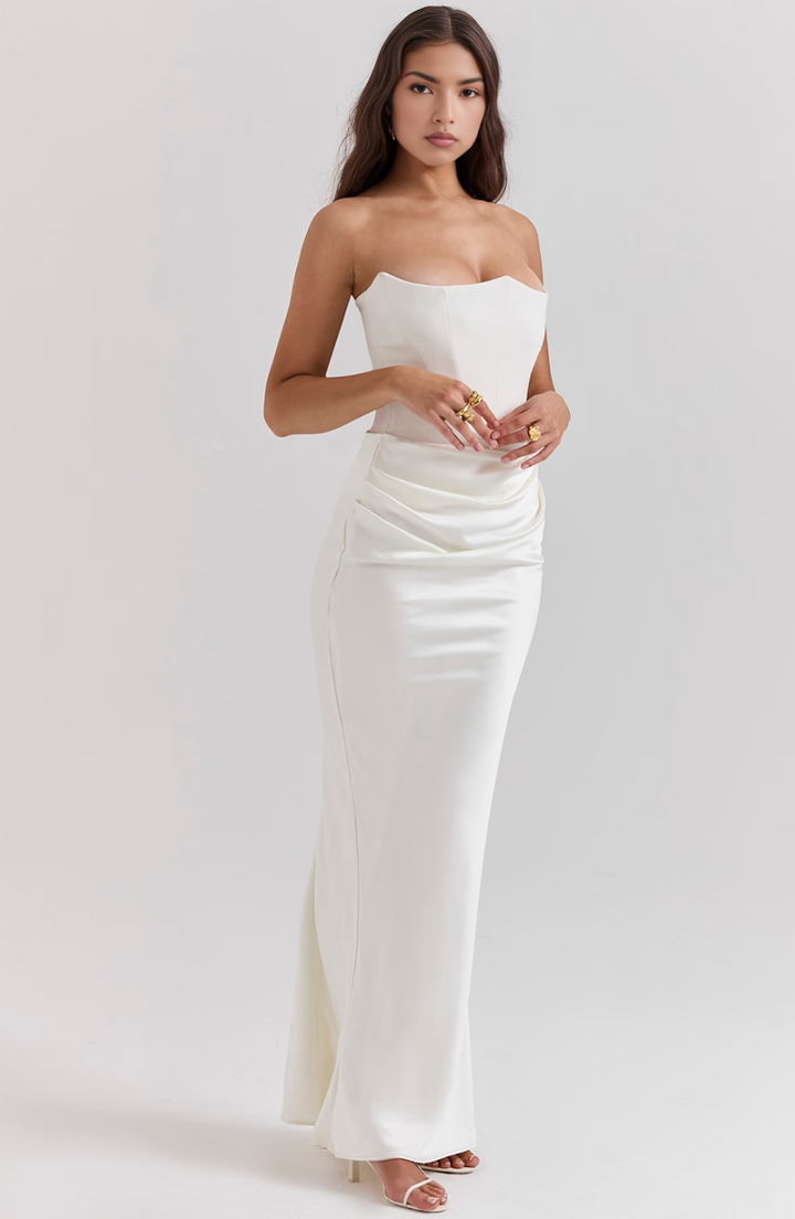 Emelia | Strapless Underwire Corset Draped Satin Maxi Fall Wedding Guest Dress