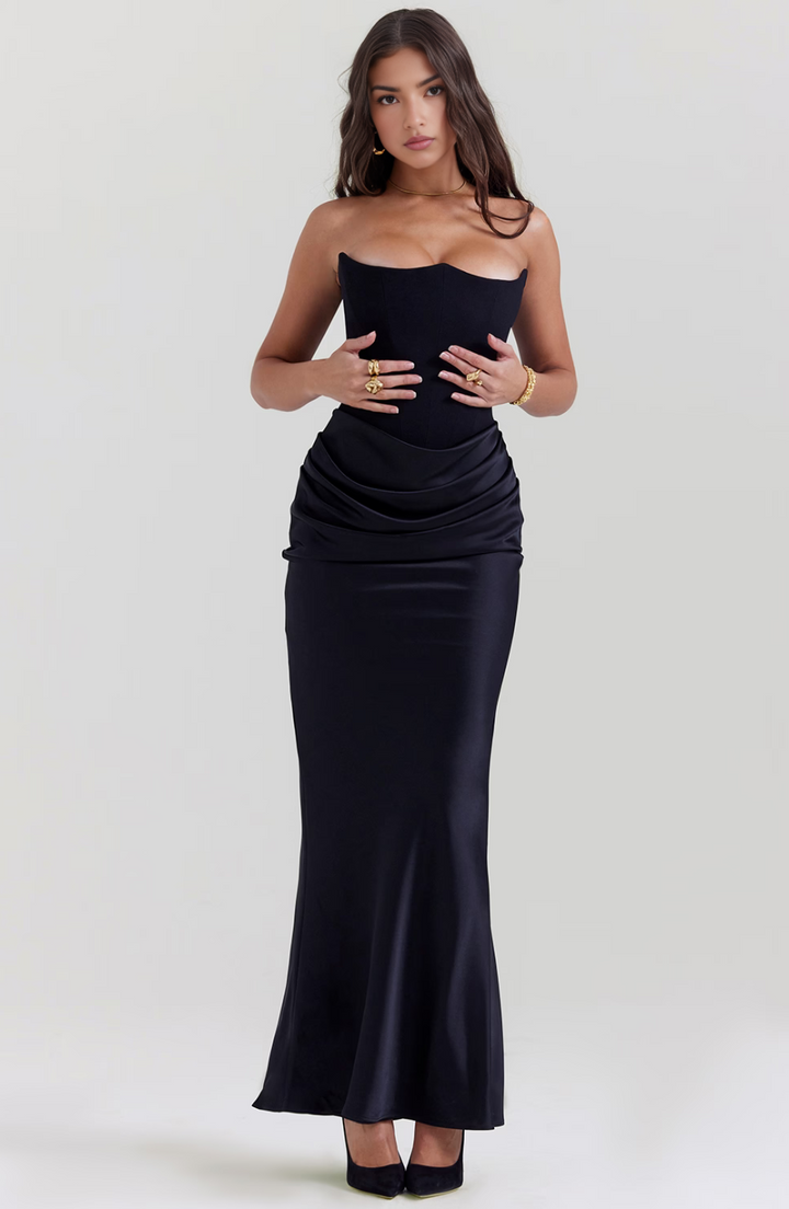 Valentijn | Strapless Bandeau Corset Hip Drape Satin Maxi Formal Dress
