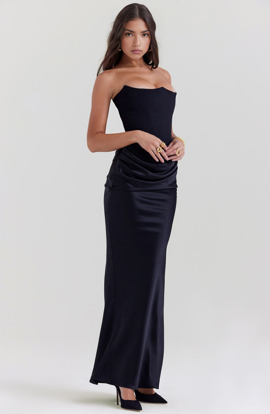 Emelia | Strapless Underwire Corset Draped Satin Maxi Fall Wedding Guest Dress