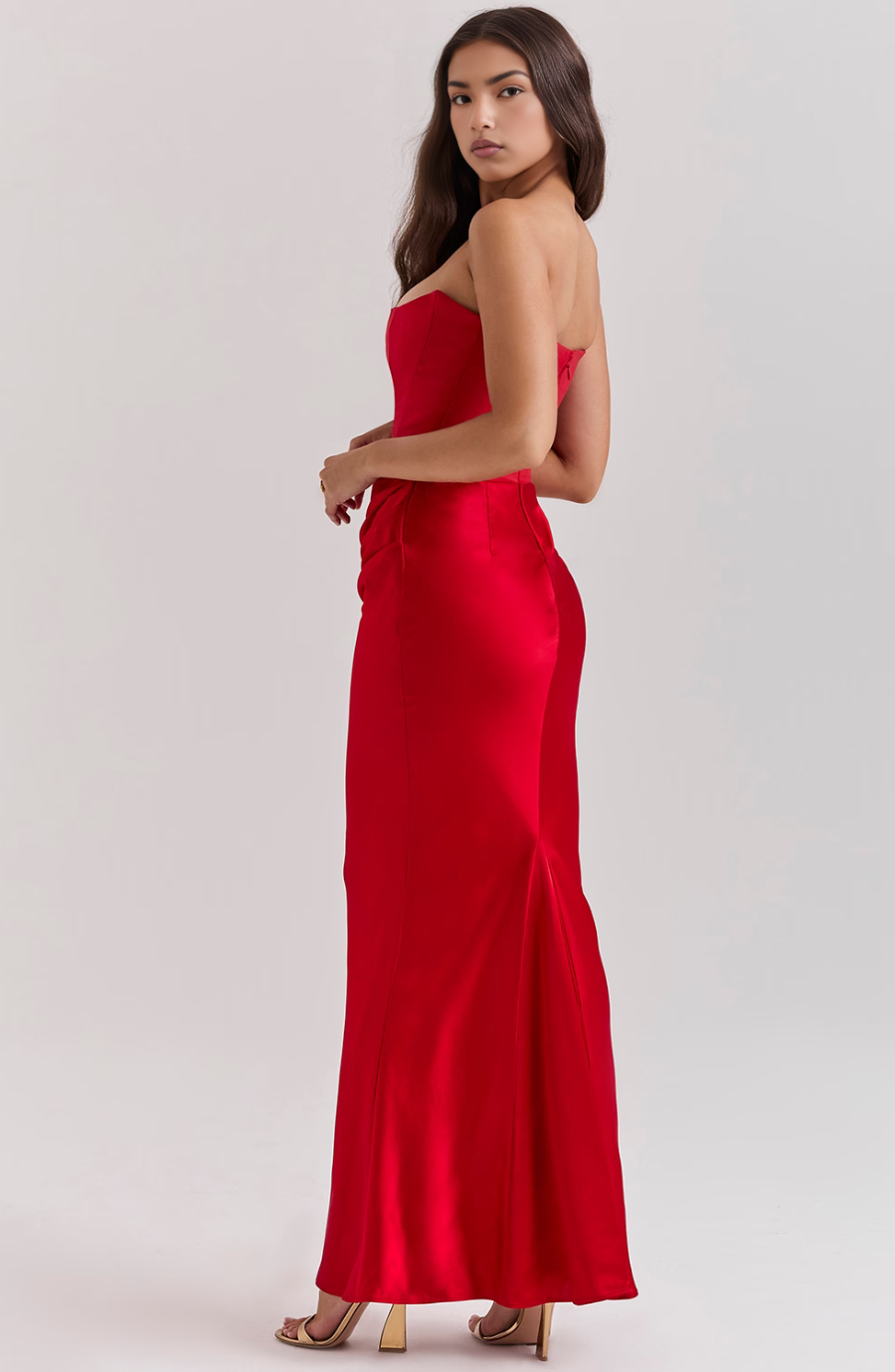 Emelia | Strapless Underwire Corset Draped Satin Maxi Fall Wedding Guest Dress