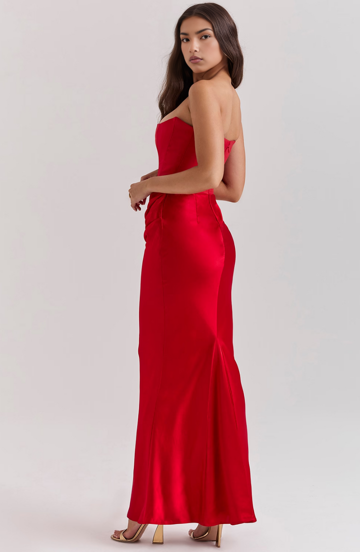 Emelia | Strapless Underwire Corset Draped Satin Maxi Fall Wedding Guest Dress