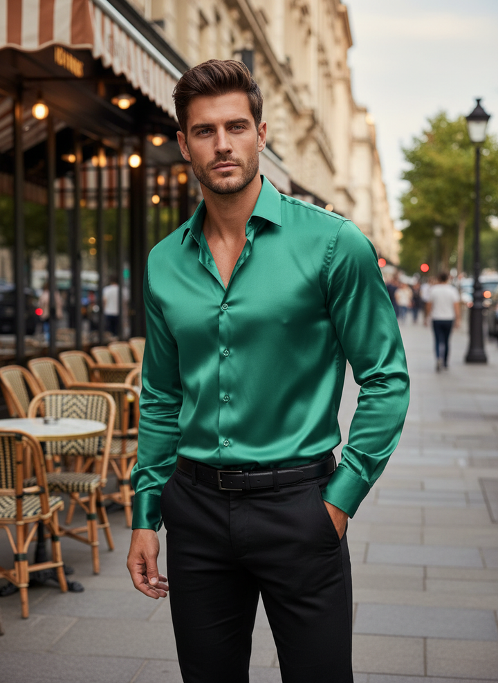 Roman | Slim Fit Satin Dress Shirt – Men's Formal Long Sleeve Shirt