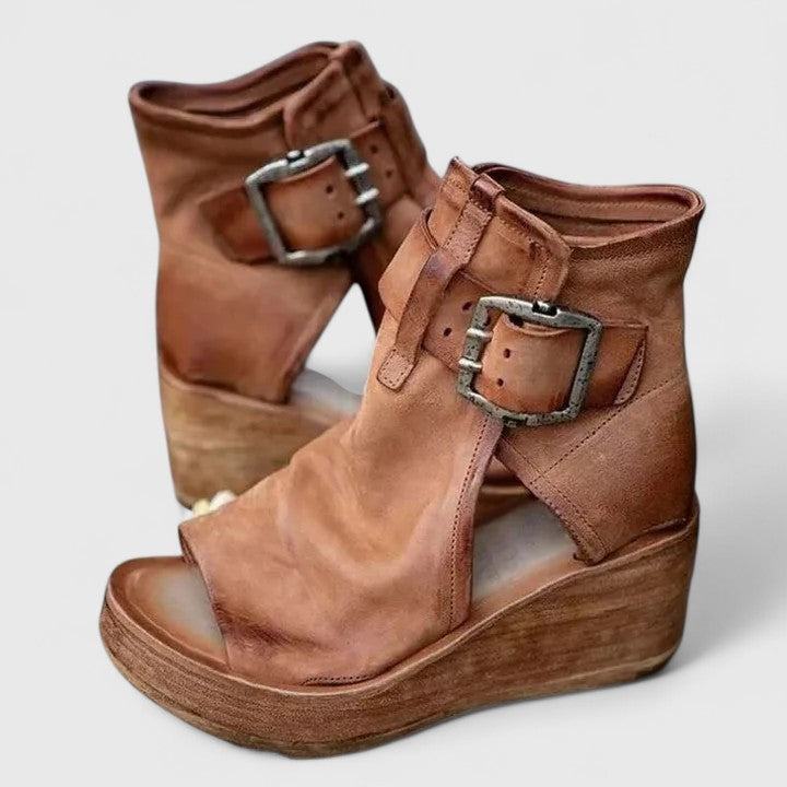 Ferra | Open Toe Double Buckle Wedge Ankle Boots