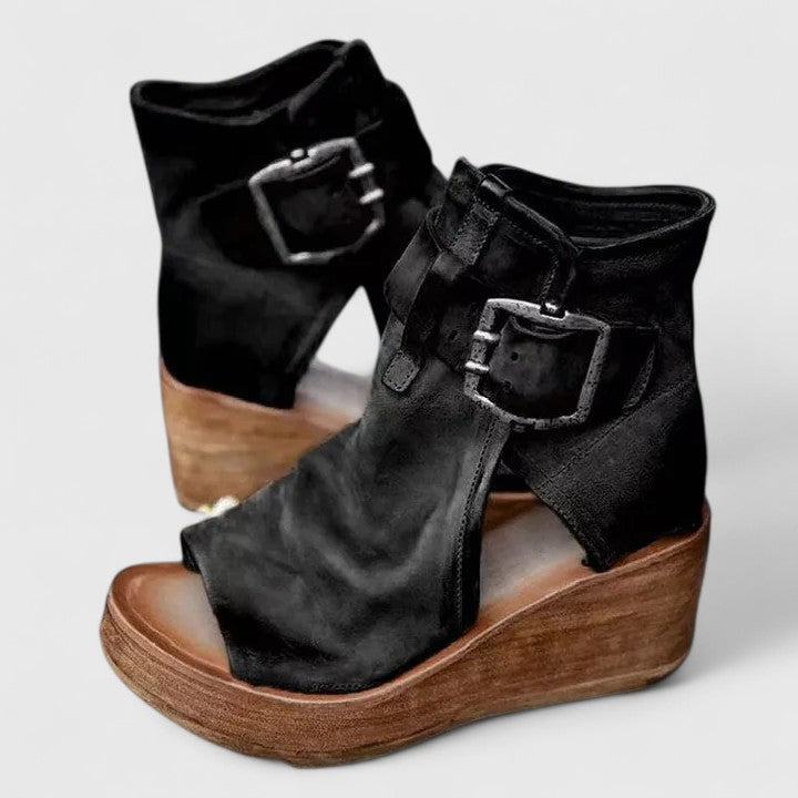 Ferra | Open Toe Double Buckle Wedge Ankle Boots