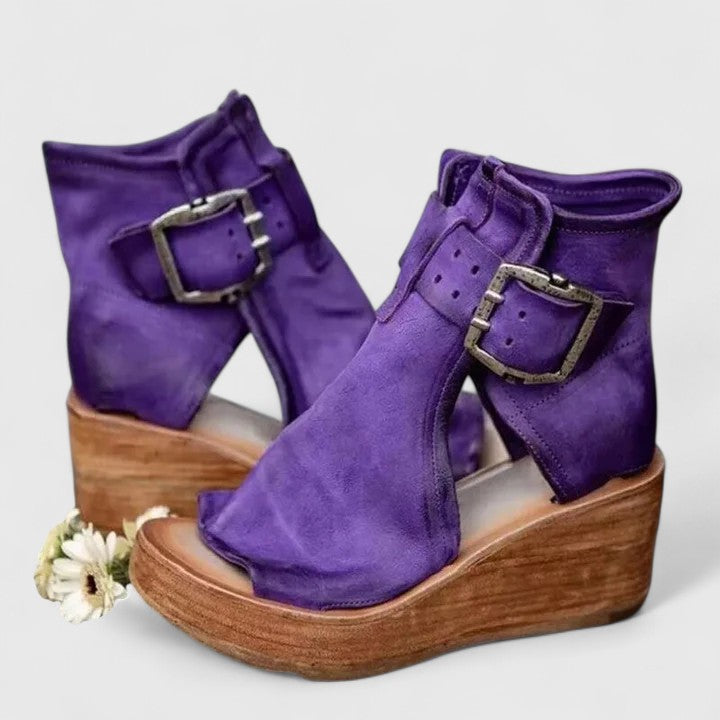 Ferra | Open Toe Double Buckle Wedge Ankle Boots