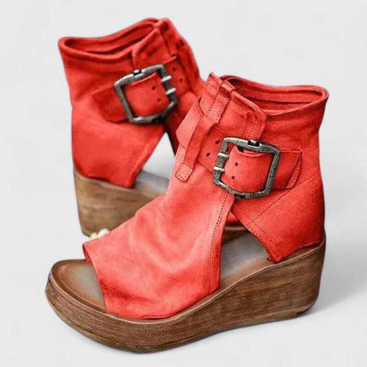Ferra | Open Toe Double Buckle Wedge Ankle Boots