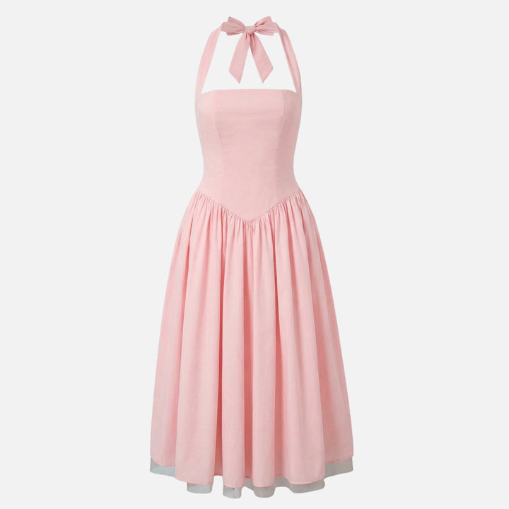 Daphne | Bow Tie Sweetheart Flare Halter Neck Midi Dress