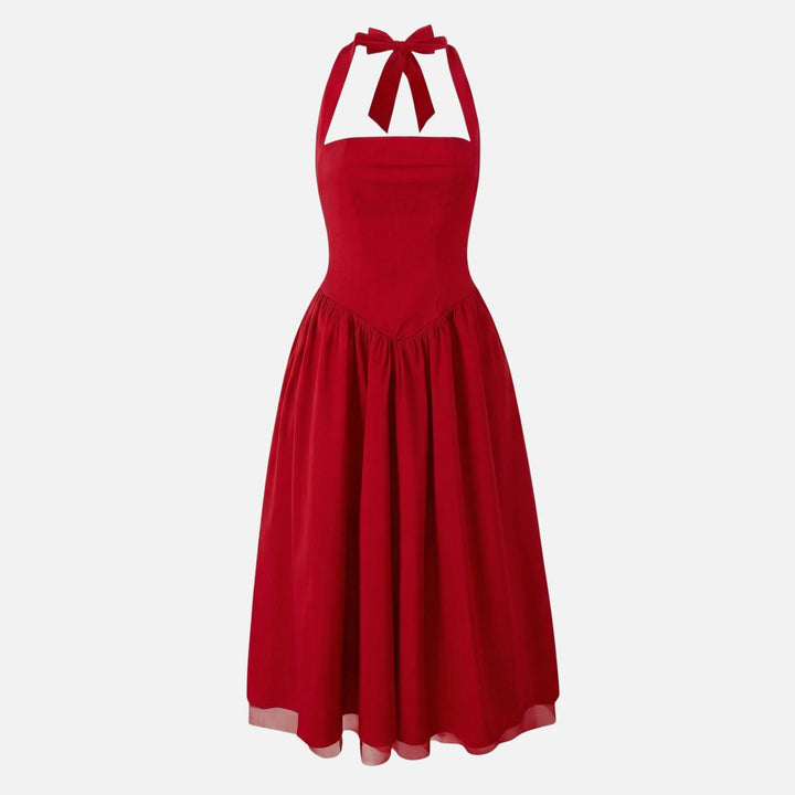 Daphne | Bow Tie Sweetheart Flare Halter Neck Midi Dress