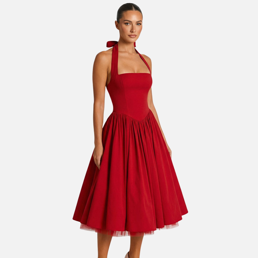 Daphne | Bow Tie Sweetheart Flare Halter Neck Midi Dress