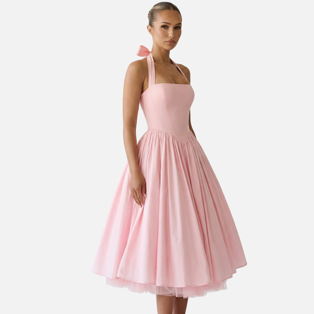 Daphne | Bow Tie Sweetheart Flare Halter Neck Midi Dress