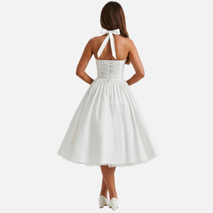 Daphne | Bow Tie Sweetheart Flare Halter Neck Midi Dress