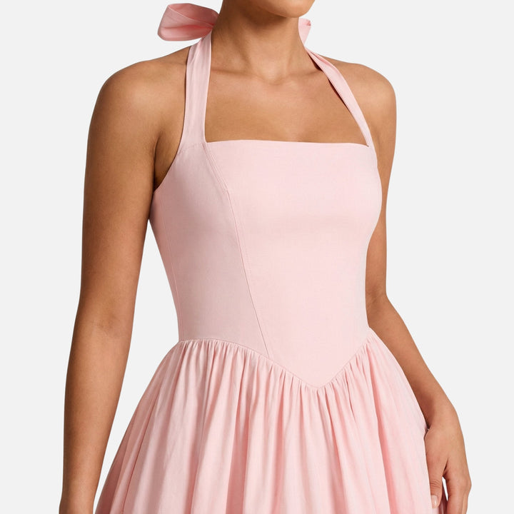 Daphne | Bow Tie Sweetheart Flare Halter Neck Midi Dress