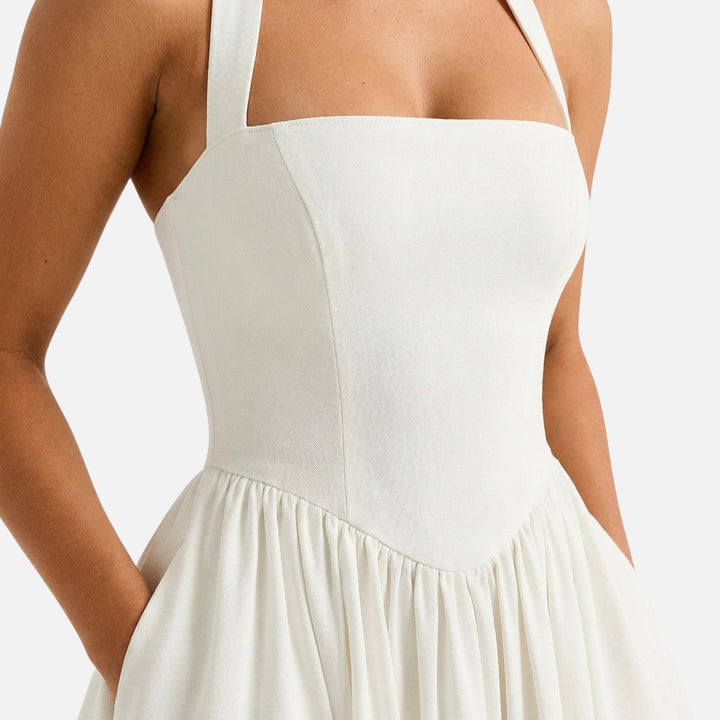 Daphne | Bow Tie Sweetheart Flare Halter Neck Midi Dress