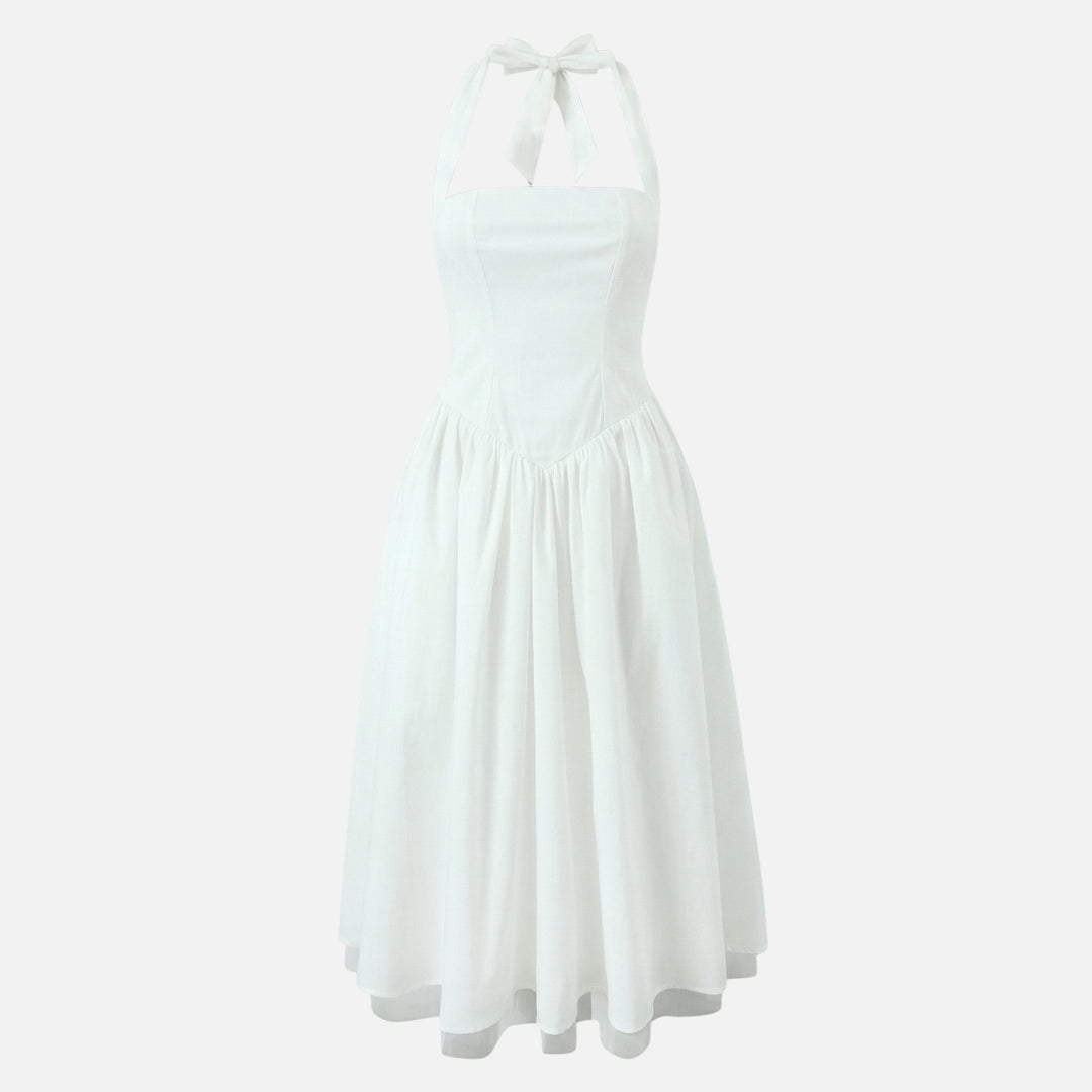 Daphne | Bow Tie Sweetheart Flare Halter Neck Midi Dress