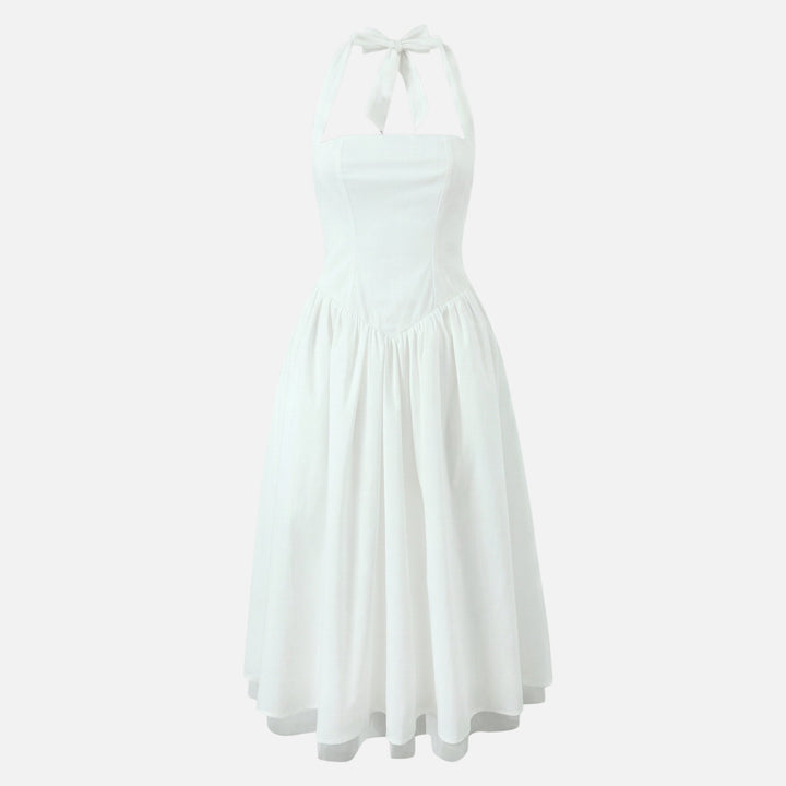 Daphne | Bow Tie Sweetheart Flare Halter Neck Midi Dress
