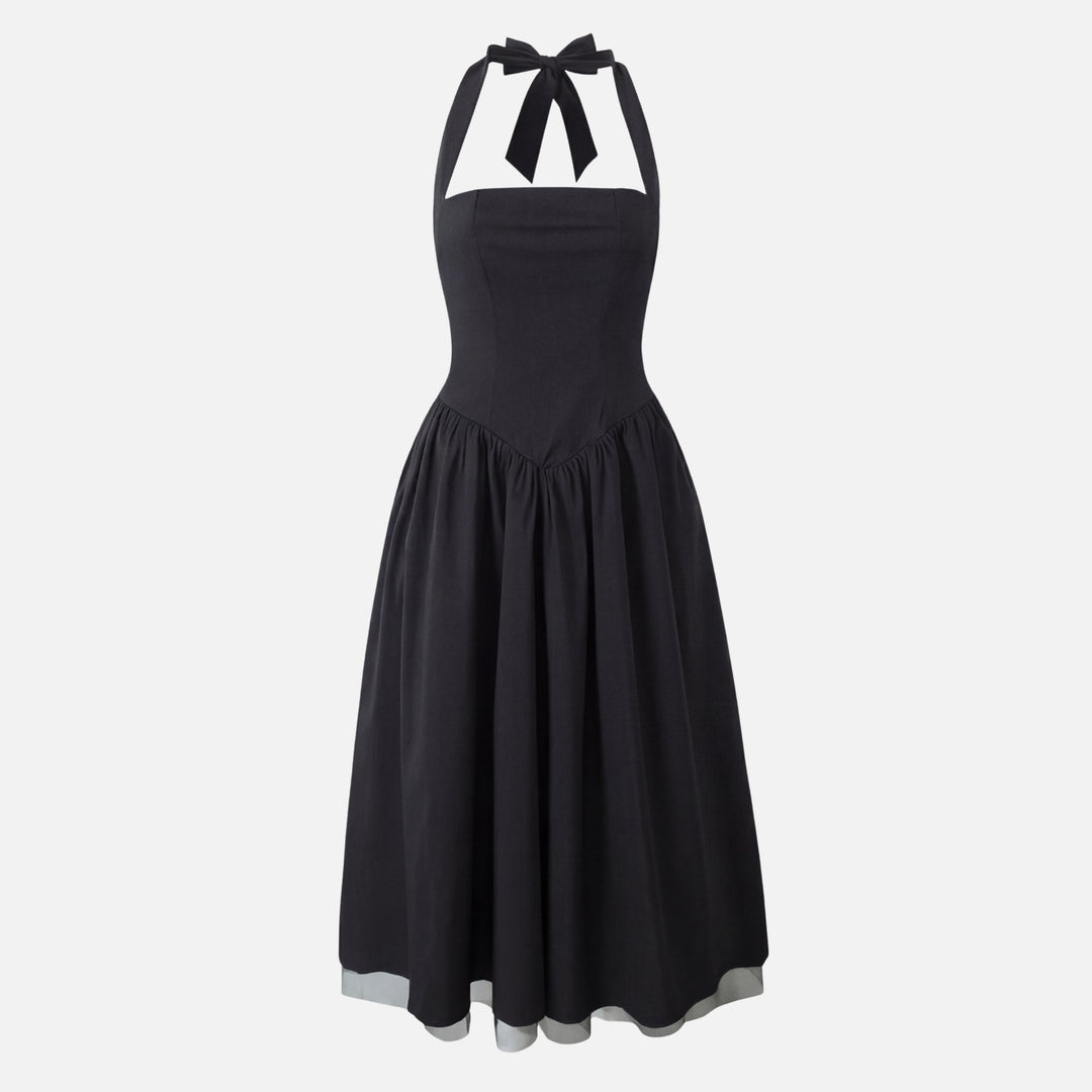Daphne | Bow Tie Sweetheart Flare Halter Neck Midi Dress