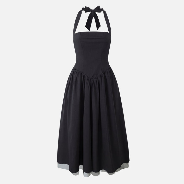 Daphne | Bow Tie Sweetheart Flare Halter Neck Midi Dress