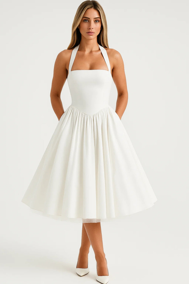Daphne | Bow Tie Sweetheart Flare Halter Neck Midi Dress