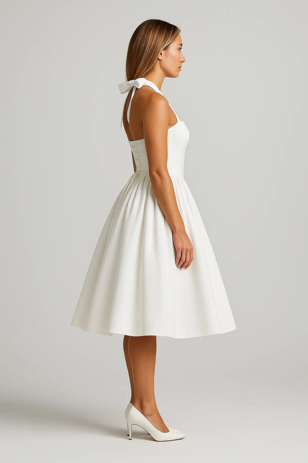 Daphne | Bow Tie Sweetheart Flare Halter Neck Midi Dress