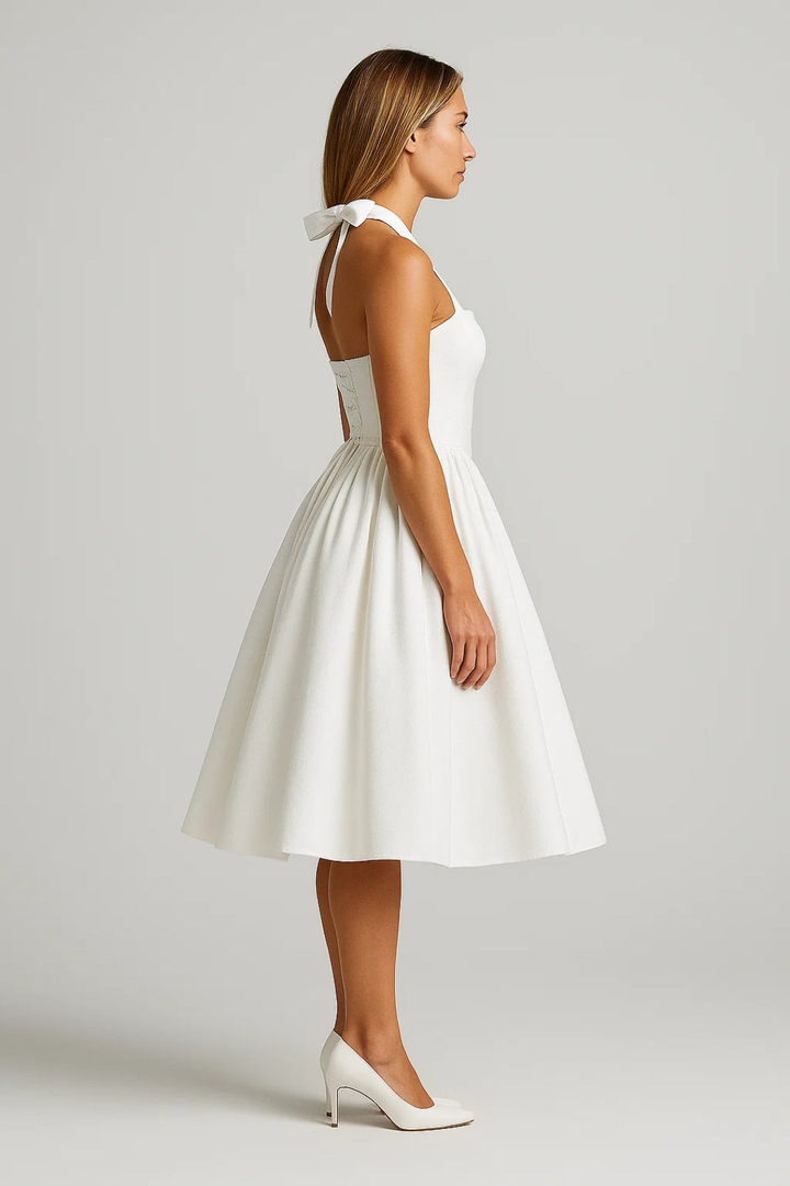 Daphne | Bow Tie Sweetheart Flare Halter Neck Midi Dress